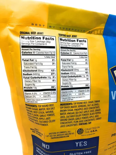 Miniatura 2 de Pacific Gold Beef Jerky Original & Teriyaki, 12 unidades por bolsa (3 bolsas (36 unidades)
