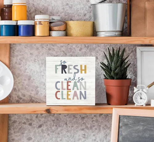 Miniatura 4 de SRADMO Letrero de madera con texto en inglés «So Fresh So Clean» para niños, decoración de escritorio con texto en inglés «So Fresh So Clean»