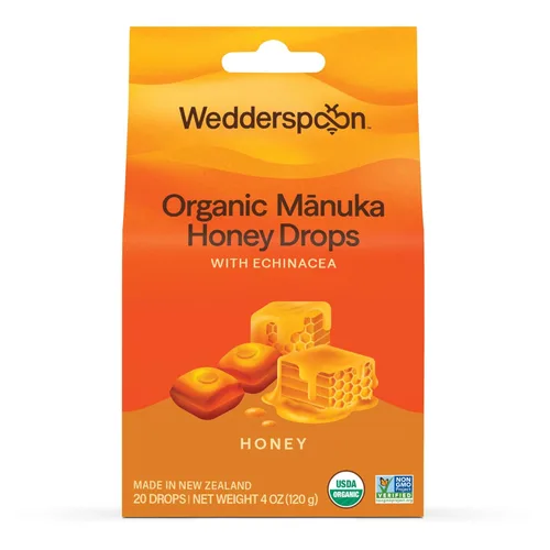 Wedderspoon Gotas de miel de manuka orgánica, miel y equinácea, 20 unidades (paquete de 1) | Miel genuina de Nueva Zelanda | Remedio perfecto para