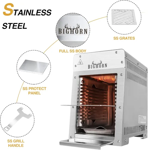 Miniatura 3 de BIG HORN OUTDOORS Parrilla de propano a gas infrarroja portátil, de acero inoxidable de 1500 grados, parrilla de mesa de cocción rápida para carne