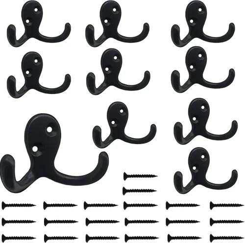 Kruodop Paquete de 10 Ganchos de Pared Montados en Pared Ganchos para Abrigos para Colgar Resistentes, Ganchos Negros para Toallas, Colgador de