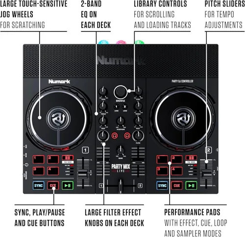 Miniatura 5 de Numark Party Mix Live DJ Controller con altavoces, luces, 2 cubiertas, mezclador, interfaz de audio y Serato Lite