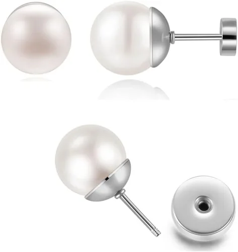 Miniatura 15 de Pearl Stud Earrings for Women,Flat Screw Back Pearl Helix Earrings Cartilage Earrings 316L Surgical Steel Piercing Jewelry Gift(7,8,9,10mm Pearl)