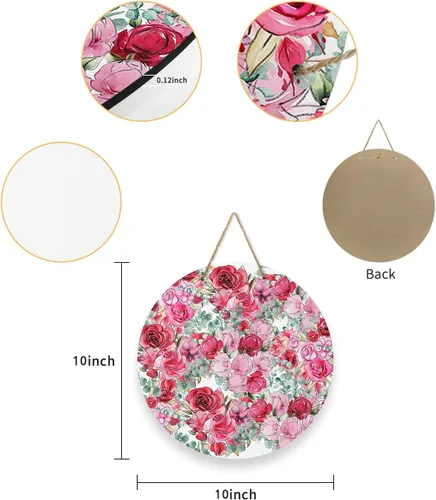 Miniatura 6 de Seasonal Front Door Welcome Sign, Valentine's Day Red Pink Rose Flower Green Leaves Round Wood Wreaths Wall Hanging Sign for Outdoor Porch Wall