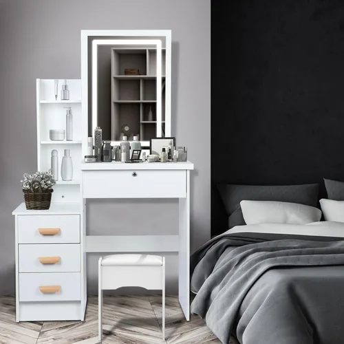 Miniatura 3 de Escritorio de tocador con espejo iluminado LED, mesa de tocador de maquillaje con 4 cajones para dormitorio, baño, tocador con luces, tocador