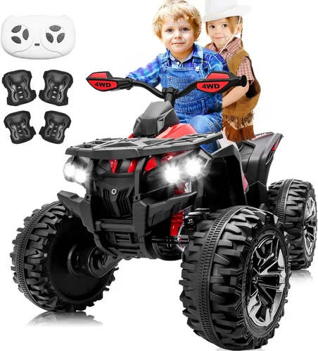 ATV 4 ruedas para niños, juguetes de paseo de 24 V 4WD con 2 plazas, motor potente de 4 x 200 W, funciona con batería de 9 AH, música Bluetooth, Rojo