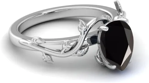 Miniatura 3 de foreverblings Anillo de plata de ley 925 de ónix negro, anillo de plata de ley corte de pera, anillo de declaración de hoja de vid para mujer