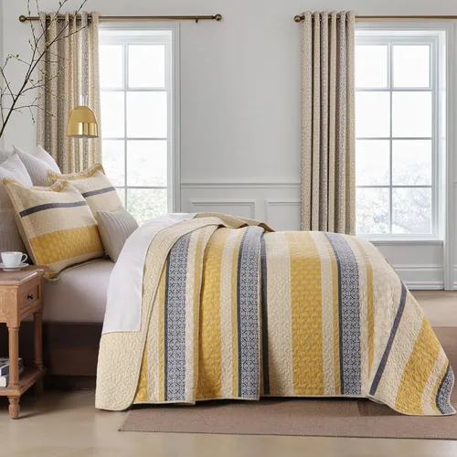 Miniatura 3 de Homzard - Juego de ropa de cama de algodón, tamaño Queen, color amarillo, negro y gris a rayas, ligero, de estilo rústico, para todas las 01-2