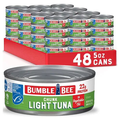 Bumble Bee Chunk Light Atún en aceite, latas de 5 onzas (paquete de 48) – Atún capturado silvestre – 0.08 onzas de proteína por porción, proyecto