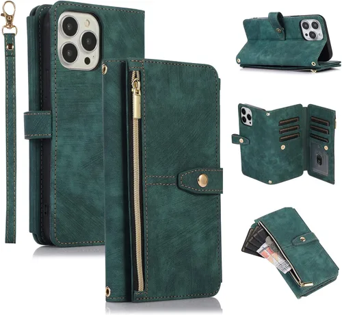 Miniatura 23 de UEEBAI Funda tipo cartera para iPhone 12 Mini de 5.4 pulgadas, retro 9 ranuras para tarjetero, bolsillo con cremallera, cierre magnético, función