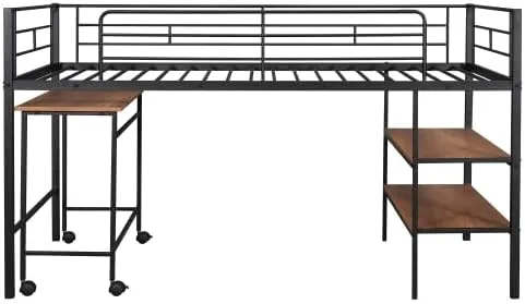 Miniatura 6 de anwickjeff Moderna cama baja tipo loft tamaño individual con escritorio y 2 estantes de almacenamiento para niños y adultos, marco de cama de metal