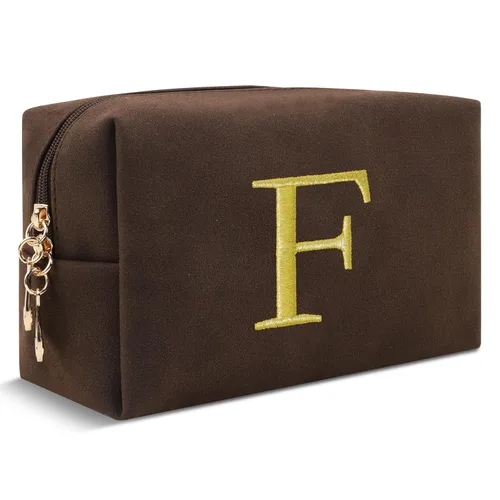 Miniatura 230 de Pequeña bolsa de maquillaje personalizada con inicial A-Z Preppy Patch, bolsa de cosméticos de viaje de felpilla blanca con cremallera, bonita bolsa