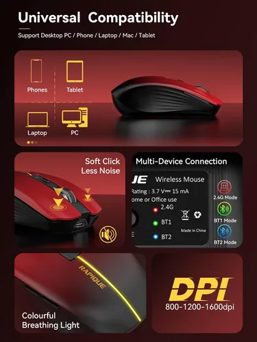 Miniatura 6 de RAPIQUE Ratón Inalámbrico Bluetooth - (BT1/BT2+USB) Tri-Modo de Alto Rendimiento, Recargable, Compatible con Múltiples Dispositivos con Rojo