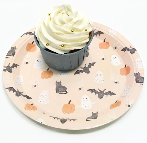 Miniatura 5 de Cheerland Platos de papel desechables de verano con diseño de calabaza, murciélago, fantasma, para decoración de Halloween, cumpleaños, baby shower