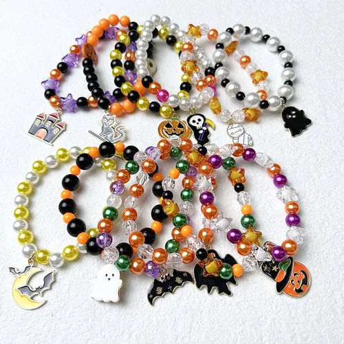 Miniatura 7 de YANCHUN 4 pulseras de Halloween para mujeres y niñas, pulseras elásticas con cuentas de colores, fantasma, calabaza, murciélago, pulsera, regalo