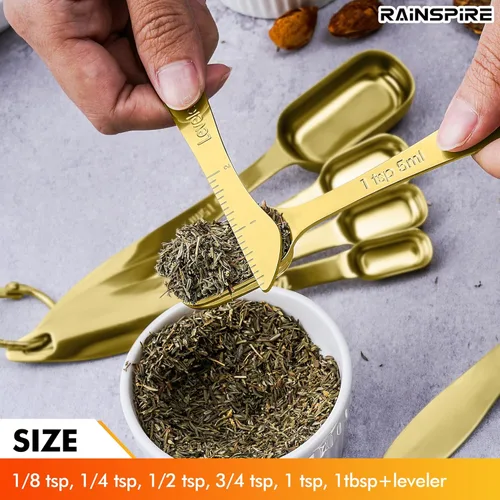 Miniatura 3 de Rainspire Juego de cucharas medidoras resistentes de acero inoxidable, juego de tazas y cucharas medidoras de metal para seco o líquido, cabe en Oro