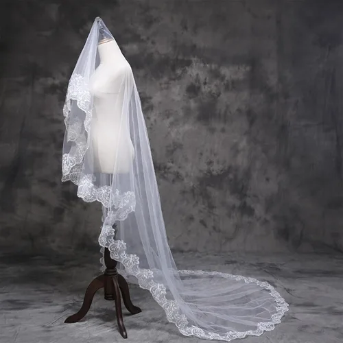 Miniatura 2 de auwiyd Velo de novia de 4.9 ft de encaje marfil largo velo catedral para mujeres y niñas, accesorios de boda, velo de encaje sin peine sin clip