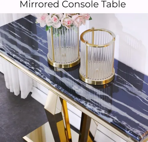 Miniatura 3 de ACEDCOR - Mesa consola moderna, mesa rectangular para sala de estar y entrada con base geométrica de espejo, negro dorado