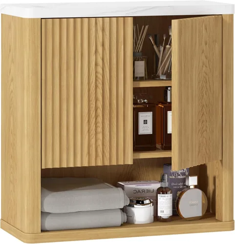 HOMEFORT Armario de pared para baño, botiquines, armario de almacenamiento sobre el inodoro con 2 puertas, estante ajustable y parte superior de
