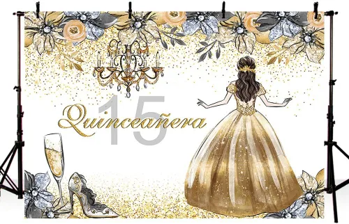 Miniatura 9 de MEHOFOTO - Fondo de cabina de estudio fotográfico de quinceañera de quinceañera con purpurina dorada y plateada floral dulce 15 membrillo niña años