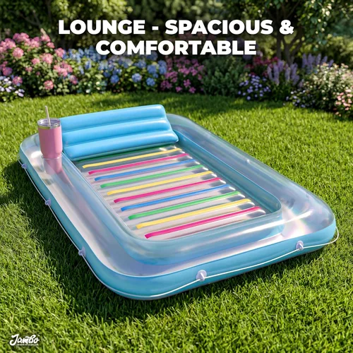 Miniatura 9 de JAMBO Flotador inflable para bronceado en piscina, 70 x 47 pulgadas, flotador de bronceado en piscina con almohada, balsa de agua para relajarse