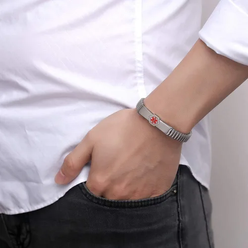 Miniatura 3 de mnmoom - Pulsera unisex de acero inoxidable con grabado de alerta médica para hombre y mujer