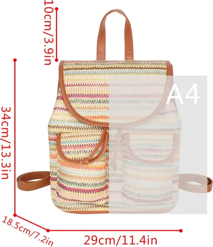 Miniatura 4 de Meyaus Mochila de paja hecha a mano para mujer, con solapa, cordón y cordón, Marrón claro, Mochilas Daypack