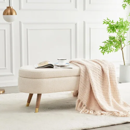 IAFIKE Banco de almacenamiento ovalado de 43.5" Banco otomano tapizado de tela bouclé Banco reposapiés con patas de metal dorado, extremo de cama