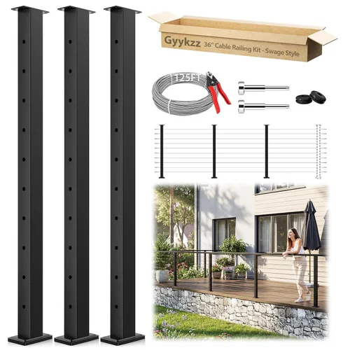Miniatura 11 de Poste de escalera con barandilla de cable negro de 36 pulgadas con parte superior fija inclinada, poste de riel de alambre de acero inoxidable T304