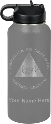 Miniatura 48 de LaserGram Botella de agua personalizada, bandera de Nicaragua, acero inoxidable de doble pared aislada al vacío con popote superior, regalo grabado