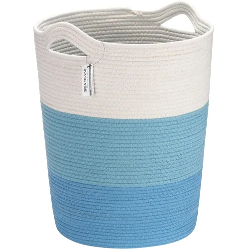 Sea Team - Cesta grande tejida de cuerda de algodón con asas, cesto de lavandería, cubo de tela, tambor, organizador de ropa y juguetes para Blanco