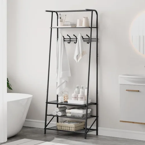 Miniatura 4 de IDEALHOUSE Perchero para zapatos con 5 ganchos, banco de entrada con almacenamiento, muebles decorativos de aspecto de madera con marco de metal