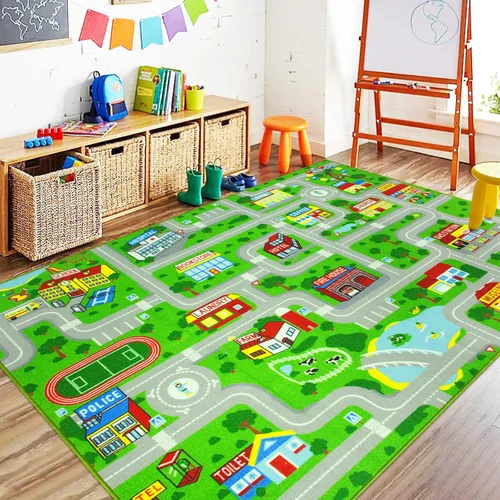 Miniatura 14 de Capslpad Alfombra Azul de Coche y Carretera para Niños, Alfombra de Juego para Sala de Juegos, Alfombra Antideslizante Lavable con Mapa de la Ciudad
