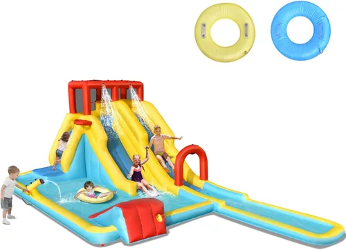 Miniatura 13 de HONEY JOY Tobogán acuático inflable, doble tobogán gigante con parque acuático con escalada, piscina de salpicaduras, toboganes acuáticos inflables