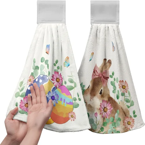 Miniatura 35 de Juego de 2 toallas de cocina colgantes de hojas tropicales de verano, color verde, hojas de palmera, con bucles para colgar, suaves y absorbentes