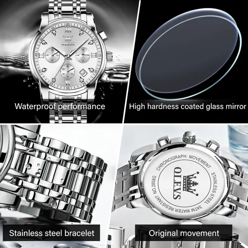 Miniatura 3 de OLEVS Relojes impermeables para hombre, de acero inoxidable, con cronógrafo, de lujo, color blanco, luminoso, de gran cara, analógico, de cuarzo