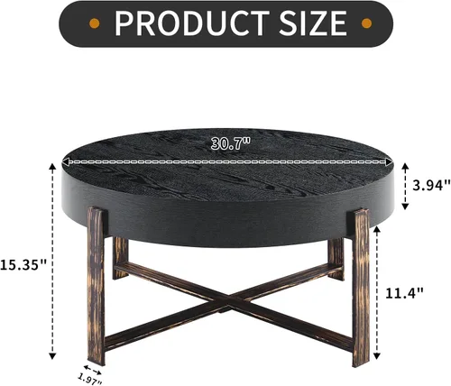 Miniatura 3 de Mesa de centro redonda de 30.7 pulgadas, mesas de centro modernas para sala de estar, mesa de té circular de madera con patas de metal