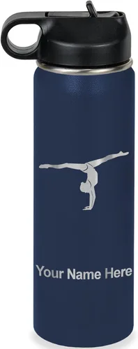Miniatura 49 de LaserGram Botella de agua personalizada, gimnasta niña, acero inoxidable de doble pared aislada al vacío con popote superior, regalo grabado Azul