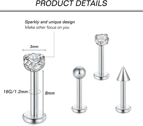 Miniatura 3 de Zolure 16g Anillos de labio de herradura, joyería labret, anillo de barra de labio, anillo de pico, joyería de mordida de serpiente, pendientes