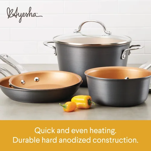 Miniatura 3 de Ayesha Curry Home Collection - Juego de ollas y sartenes antiadherentes anodizados duros, 9 piezas, gris carbón
