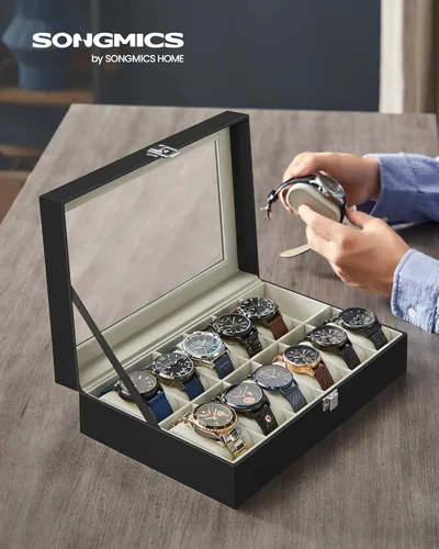 Miniatura 2 de SONGMICS Watch Box, 12-Slot Watch Case with Large Glass Lid, Removable Watch Pillows, Watch Box Organizer, Gift for Loved Ones, Black Synthetic