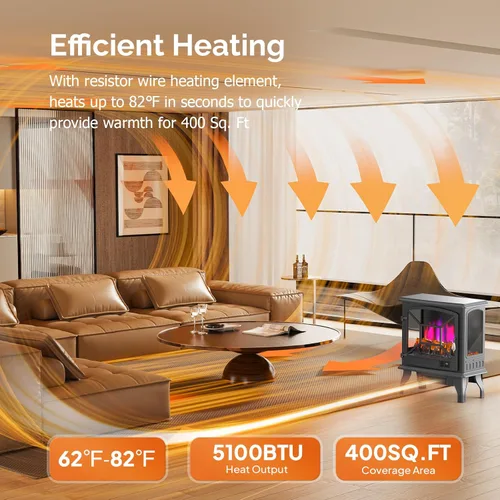 Miniatura 2 de ROVSUN Estufa de Chimenea Eléctrica de 23 Pulgadas de Altura, Calentador de Espacio de 1400W, Portátil Independiente con Termostato, Efecto Realista