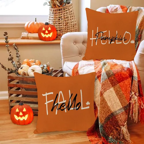 Miniatura 4 de JOOCAR Juego de 2 fundas de almohada de otoño, con texto en inglés «Hello Pumpkin», «Hello Fall», fundas decorativas de lino para sofá, decoración