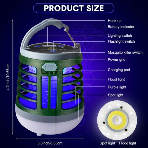 Miniatura 2 de Paquete de 2 exterminadores de insectos 3 en 1 recargable por USB, portátil, impermeable, repelente de mosquitos, linterna LED para exteriores, Verde