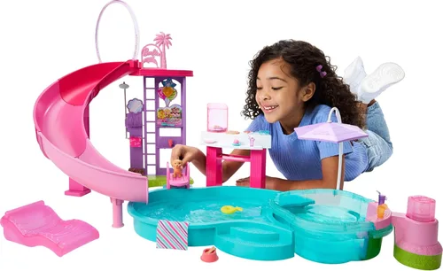 Barbie Juego de piscina de ensueño con 6 áreas de juego, incluyendo tobogán y jacuzzi burbujeante, además de más de 20 accesorios como mascota,