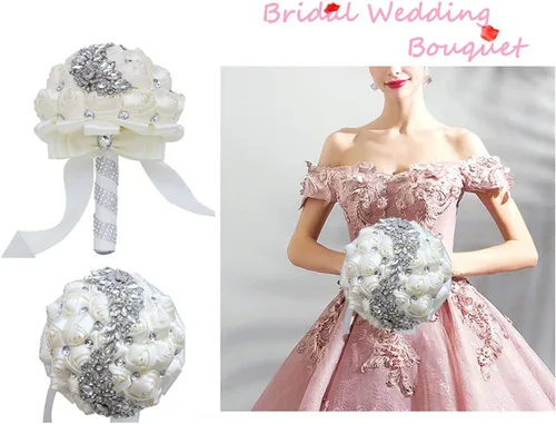 Miniatura 2 de XINNI Ramo de boda verde esmeralda para novia, dama de honor, satén rosa, ramo de boda con diamantes de imitación en forma de lluvia de meteoritos