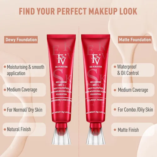 Miniatura 8 de FV Paquete de 2 bases de maquillaje líquidas, impermeables y ligeras, acabado natural con cobertura media, base hidratante para piel seca y normal