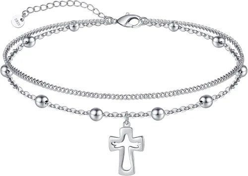Miniatura 23 de CHIC & ARTSY Tobilleras de plata de ley S925 para mujer, pulsera de tobillo ajustable multicapa para playa, joyería de verano para mujer, de 10 a 11