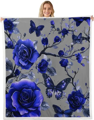 Miniatura 11 de Manta de franela azul rosa para todas las estaciones, manta de cama gótica de mariposa para decoración del hogar kawaii, manta rústica con flores