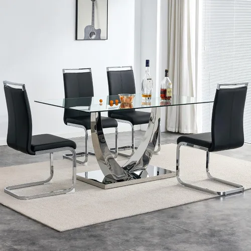 Juego de mesa de comedor de cristal moderno para 4 personas con tapa rectangular de vidrio y 4 sillas de comedor negras de piel sintética, mesa de